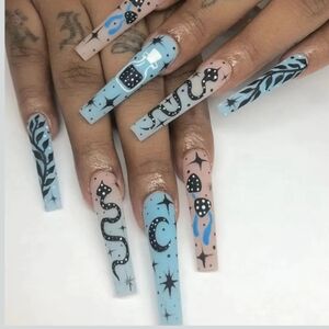 Halloween Press On Nails Long-Coffin Fake Nails Snake Star Moon Leaf Designs Fal